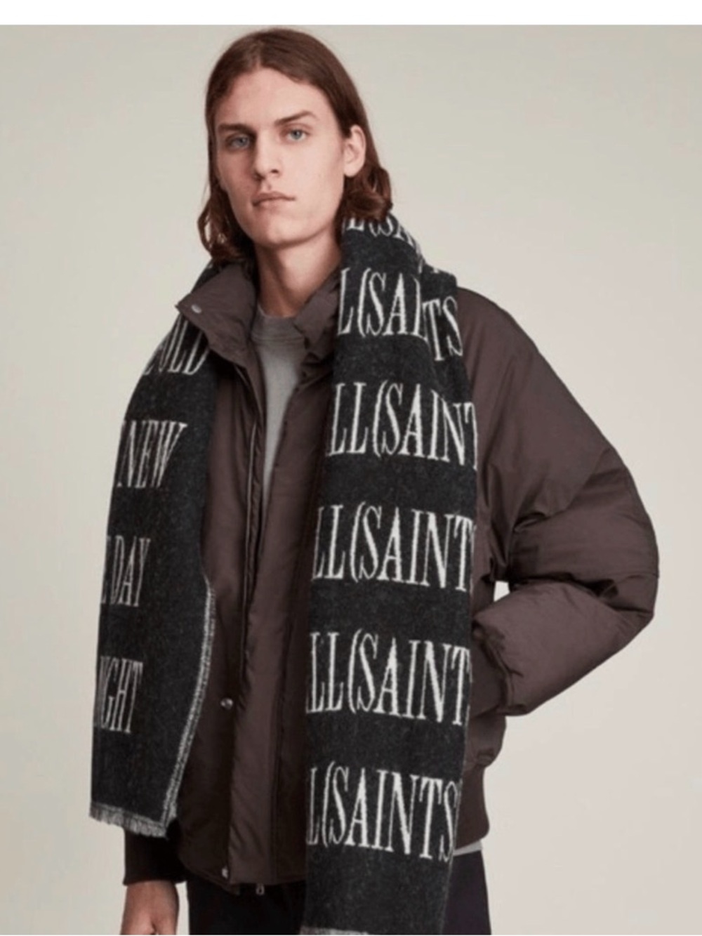 All Saints Black and White Logo Wool Scarf unisex